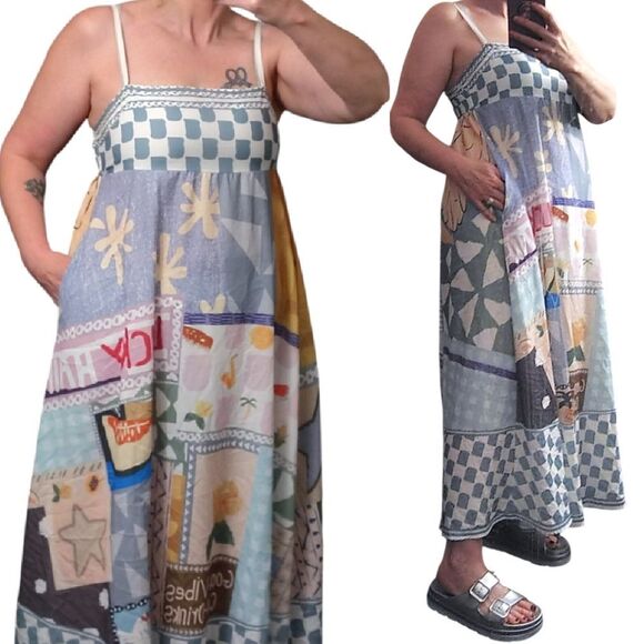 Europecore Sleeveless Picnic Print Smocked Back Midi Dress Medium - Picture 4 of 15